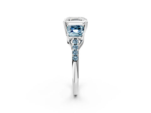 White gold Three-Stone Asscher Cut Diamond Ring with Round with Aquamarine side stone Pavé Band and Prong Setting_14