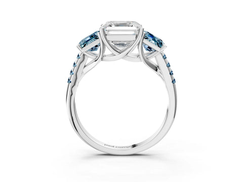 White gold Three-Stone Asscher Cut Diamond Ring with Round with Aquamarine side stone Pavé Band and Prong Setting_15