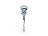 White gold Three-Stone Asscher Cut Diamond Ring with Round with Aquamarine side stone Pavé Band and Prong Setting_2