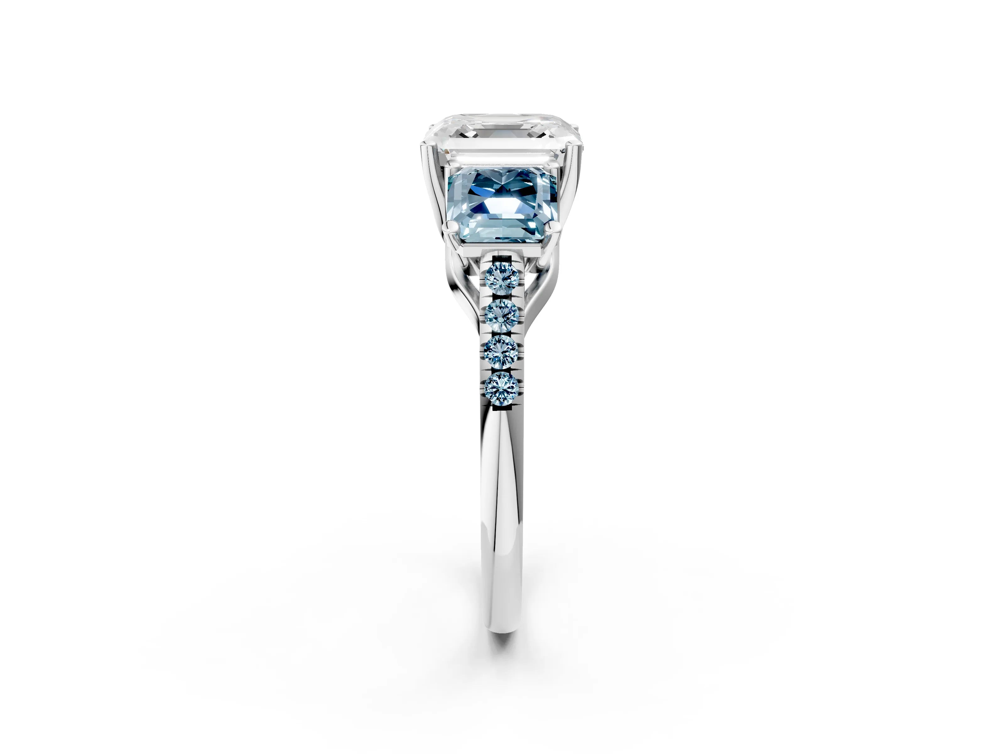 White gold Three-Stone Asscher Cut Diamond Ring with Round with Aquamarine side stone Pavé Band and Prong Setting_2