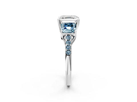 White gold Three-Stone Asscher Cut Diamond Ring with Round with Aquamarine side stone Pavé Band and Prong Setting_2