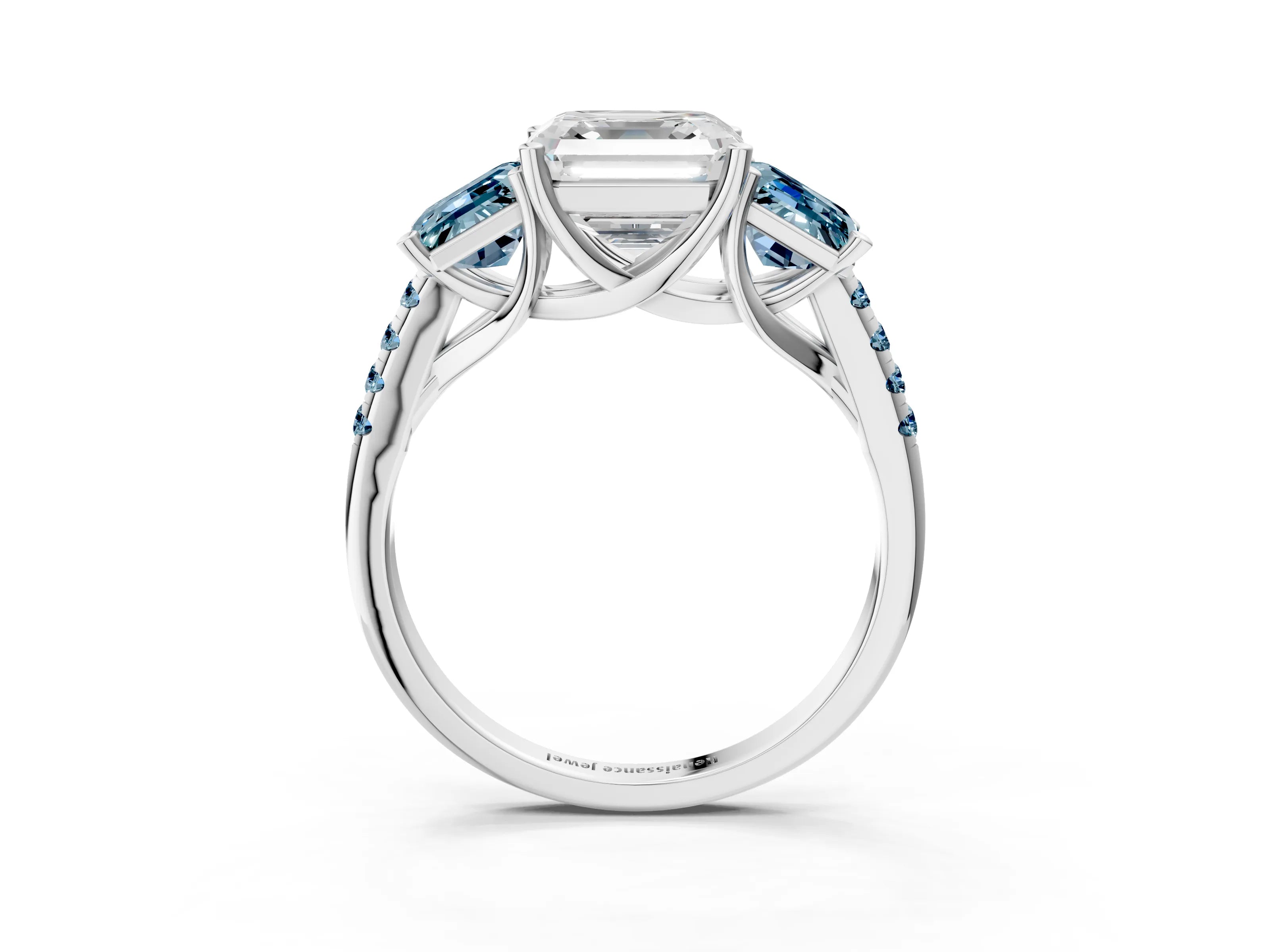 White gold Three-Stone Asscher Cut Diamond Ring with Round with Aquamarine side stone Pavé Band and Prong Setting_3