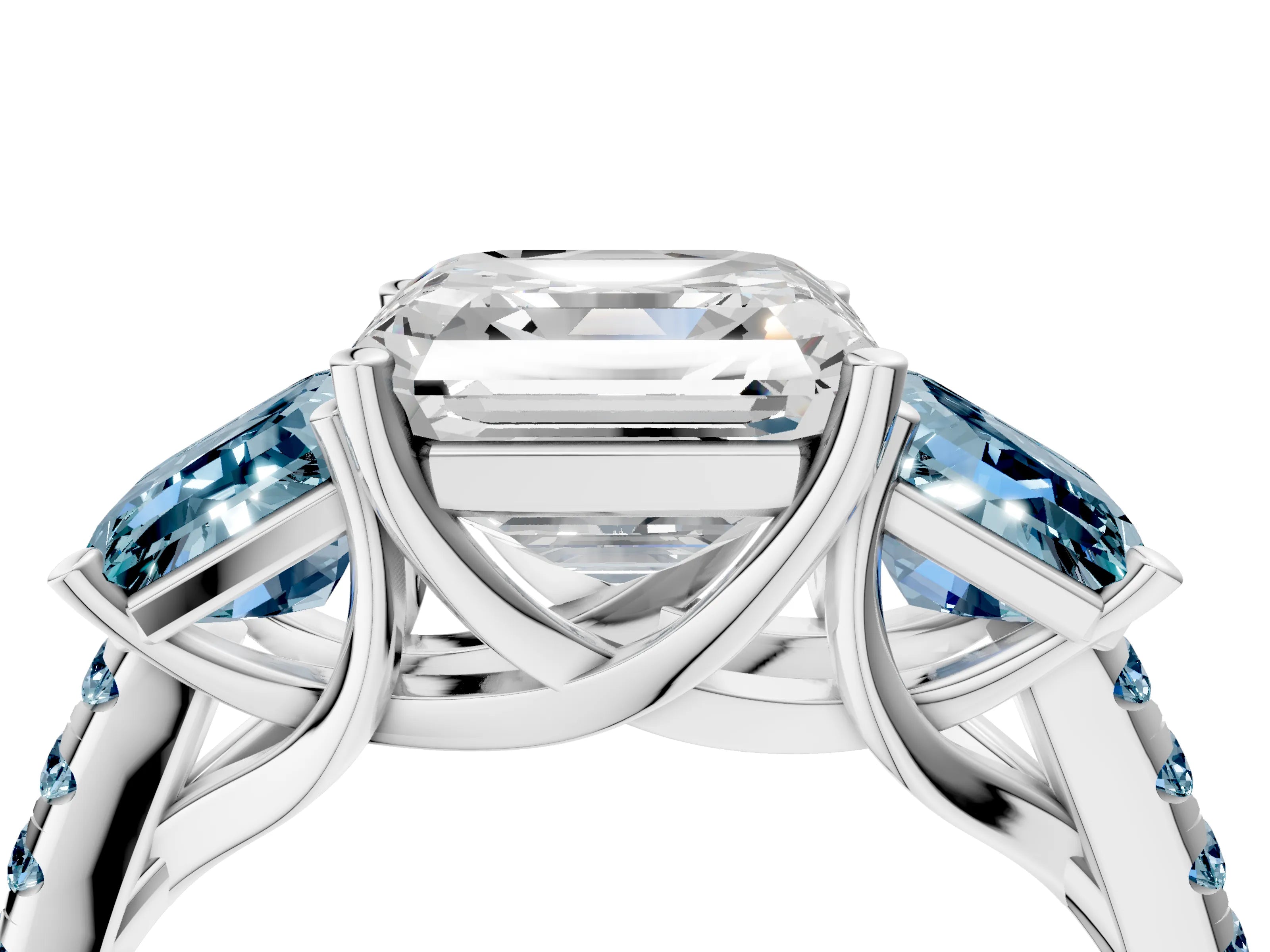 White gold Three-Stone Asscher Cut Diamond Ring with Round with Aquamarine side stone Pavé Band and Prong Setting_4