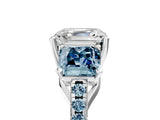 White gold Three-Stone Asscher Cut Diamond Ring with Round with Aquamarine side stone Pavé Band and Prong Setting_5