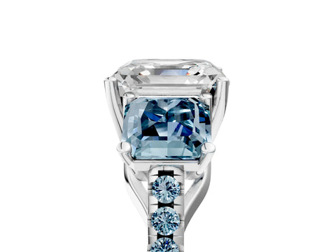 White gold Three-Stone Asscher Cut Diamond Ring with Round with Aquamarine side stone Pavé Band and Prong Setting_5