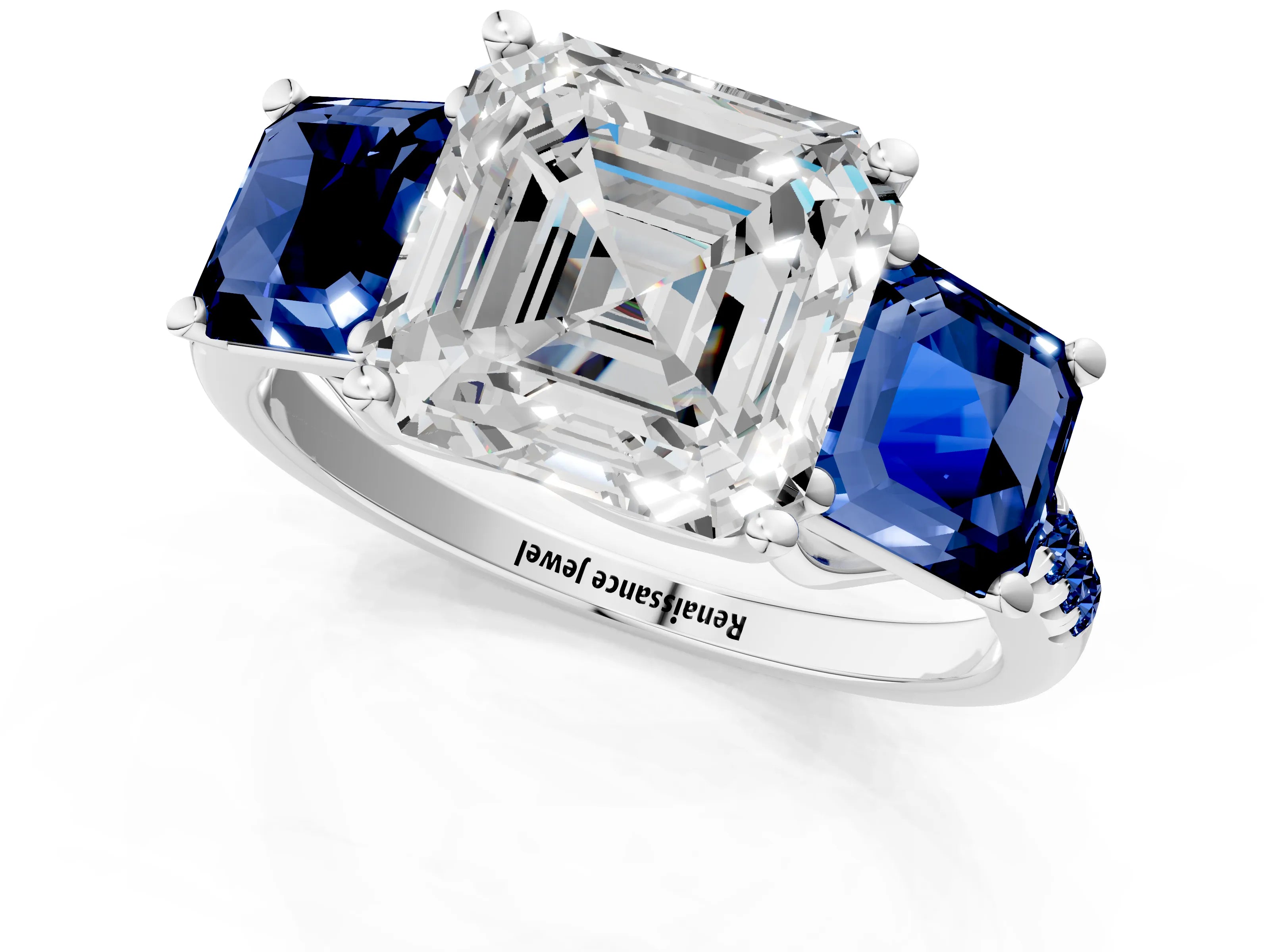 White gold Three-Stone Asscher Cut Diamond Ring with Round with Blue Sapphire side stone Pavé Band and Prong Setting_1