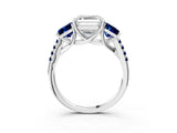 White gold Three-Stone Asscher Cut Diamond Ring with Round with Blue Sapphire side stone Pavé Band and Prong Setting_15