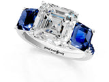 White gold Three-Stone Asscher Cut Diamond Ring with Round with Blue Sapphire side stone Pavé Band and Prong Setting_1