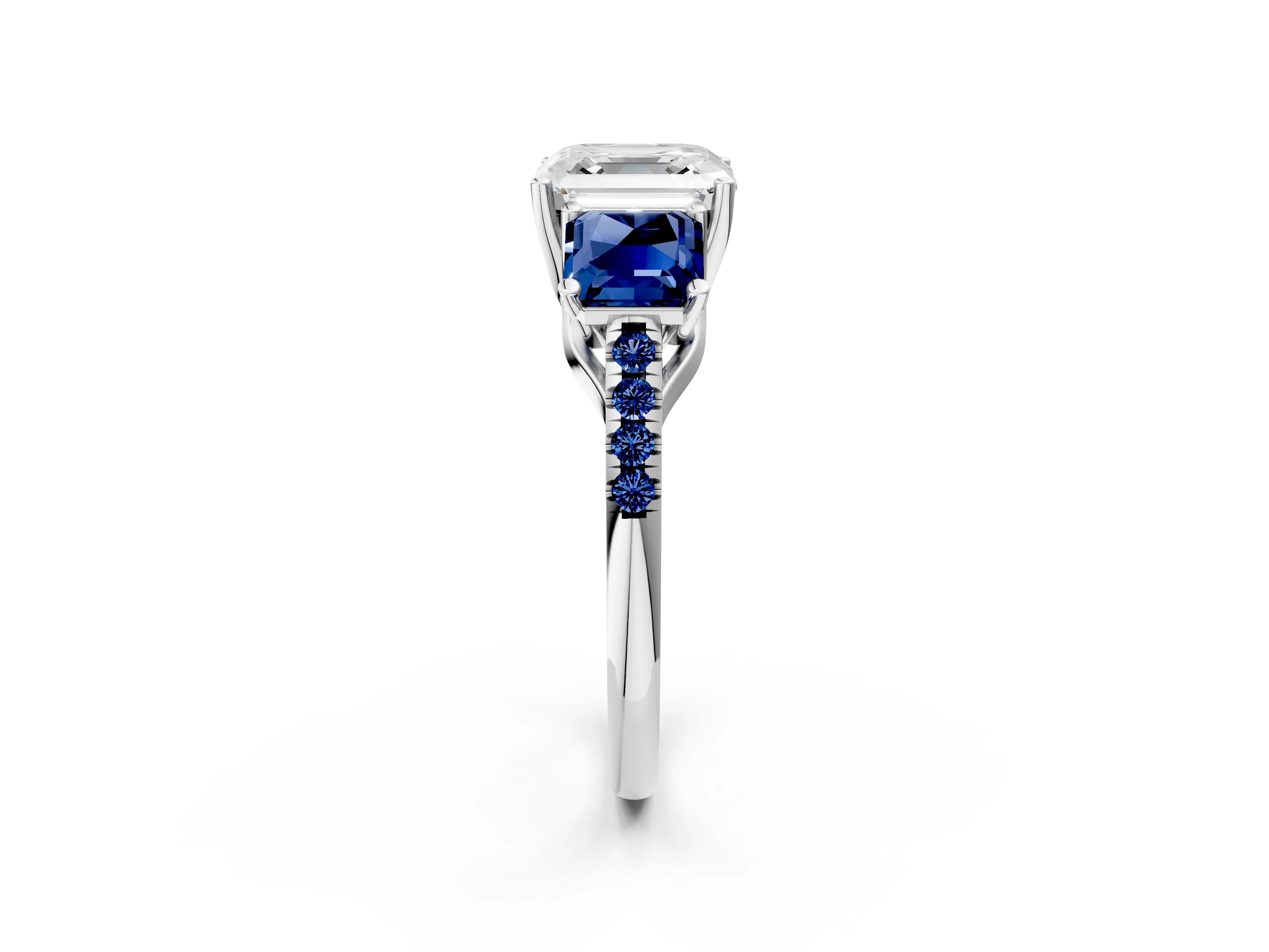 White gold Three-Stone Asscher Cut Diamond Ring with Round with Blue Sapphire side stone Pavé Band and Prong Setting_2