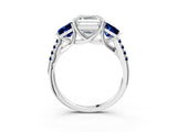White gold Three-Stone Asscher Cut Diamond Ring with Round with Blue Sapphire side stone Pavé Band and Prong Setting_3