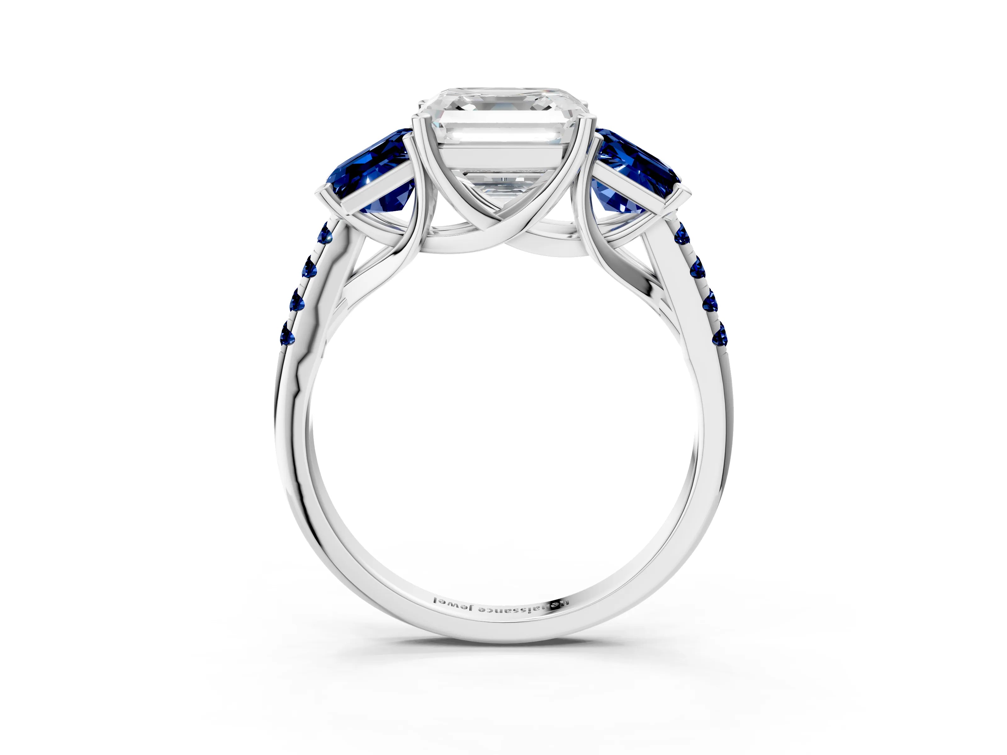 White gold Three-Stone Asscher Cut Diamond Ring with Round with Blue Sapphire side stone Pavé Band and Prong Setting_3