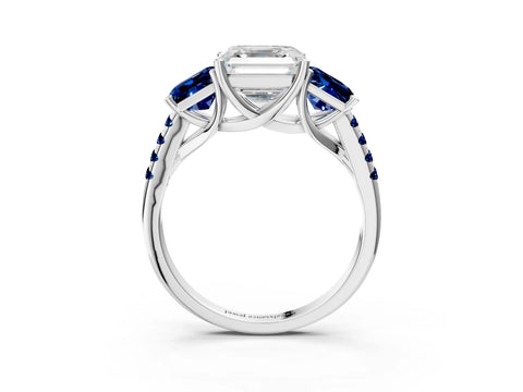 White gold Three-Stone Asscher Cut Diamond Ring with Round with Blue Sapphire side stone Pavé Band and Prong Setting_3