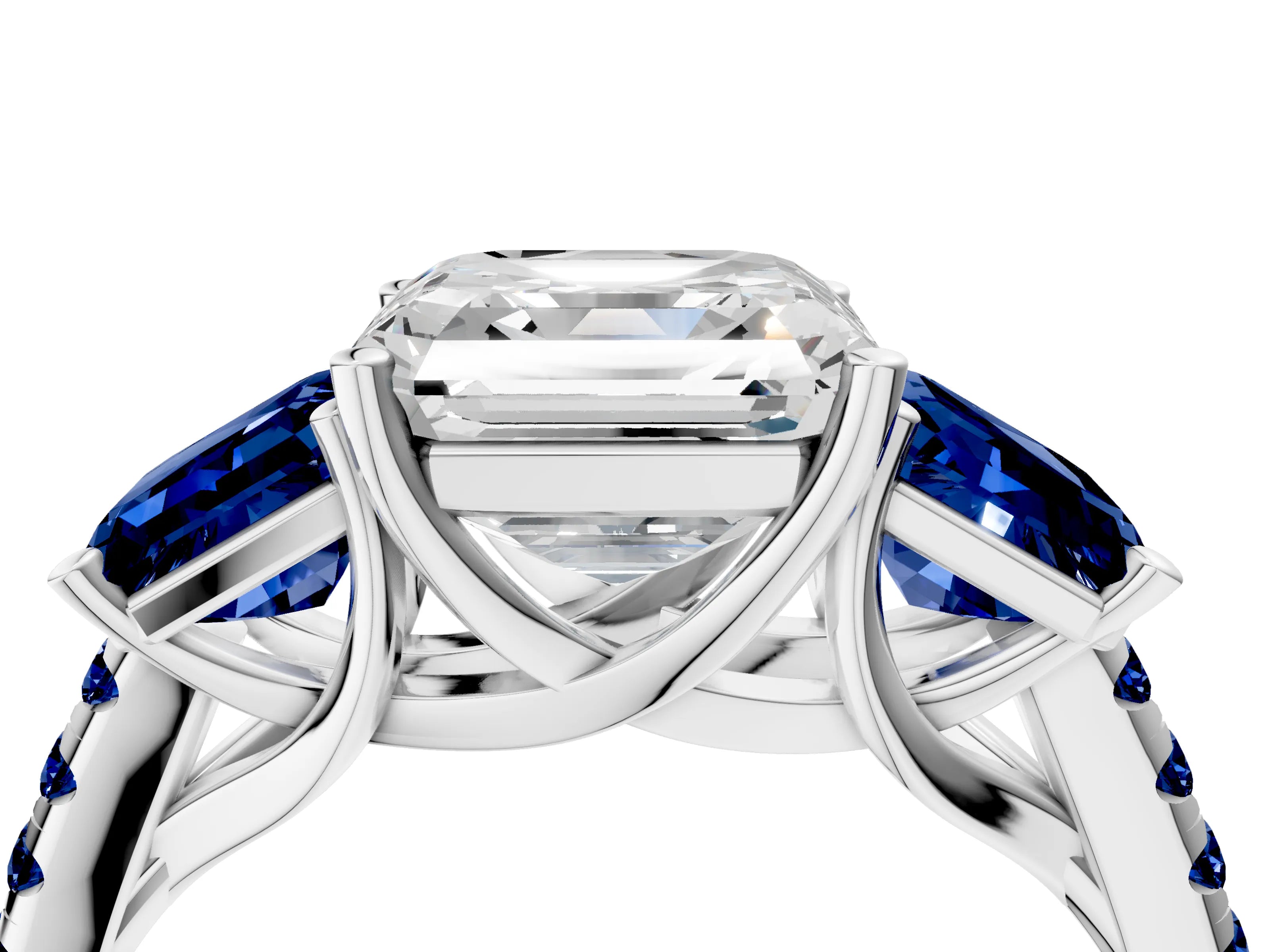 White gold Three-Stone Asscher Cut Diamond Ring with Round with Blue Sapphire side stone Pavé Band and Prong Setting_4