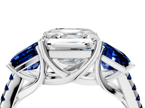 White gold Three-Stone Asscher Cut Diamond Ring with Round with Blue Sapphire side stone Pavé Band and Prong Setting_4