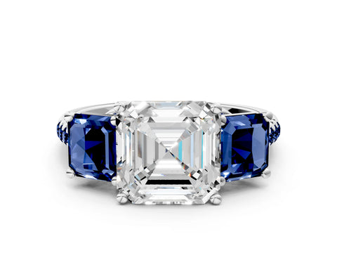 White gold Three-Stone Asscher Cut Diamond Ring with Round with Blue Sapphire side stone Pavé Band and Prong Setting