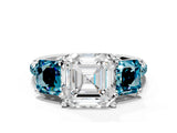 White gold Three-Stone Asscher Cut Diamond Ring with Round with Blue Topaz side stone Pavé Band and Prong Setting