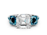 White gold Three-Stone Asscher Cut Diamond Ring with Round with Blue Topaz side stone Pavé Band and Prong Setting_12