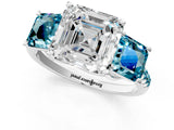 White gold Three-Stone Asscher Cut Diamond Ring with Round with Blue Topaz side stone Pavé Band and Prong Setting_13