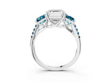 White gold Three-Stone Asscher Cut Diamond Ring with Round with Blue Topaz side stone Pavé Band and Prong Setting_15