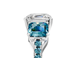 White gold Three-Stone Asscher Cut Diamond Ring with Round with Blue Topaz side stone Pavé Band and Prong Setting_17