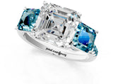White gold Three-Stone Asscher Cut Diamond Ring with Round with Blue Topaz side stone Pavé Band and Prong Setting_1