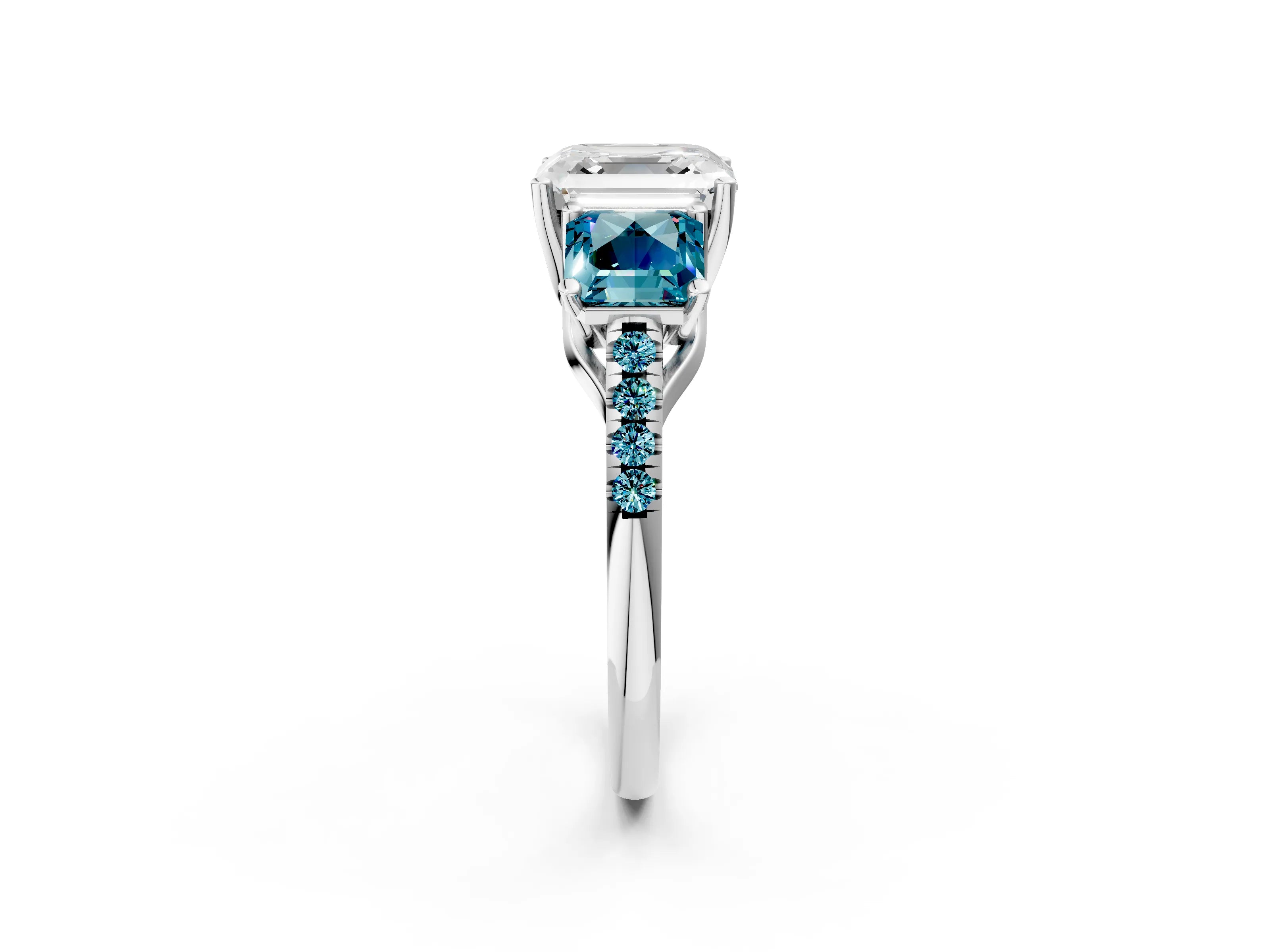 White gold Three-Stone Asscher Cut Diamond Ring with Round with Blue Topaz side stone Pavé Band and Prong Setting_2