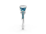 White gold Three-Stone Asscher Cut Diamond Ring with Round with Blue Topaz side stone Pavé Band and Prong Setting_2