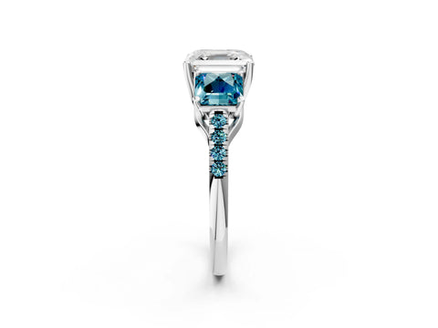 White gold Three-Stone Asscher Cut Diamond Ring with Round with Blue Topaz side stone Pavé Band and Prong Setting_2