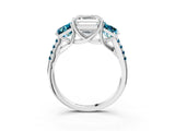 White gold Three-Stone Asscher Cut Diamond Ring with Round with Blue Topaz side stone Pavé Band and Prong Setting_3