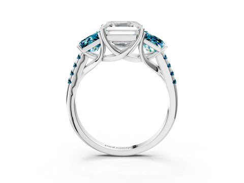 White gold Three-Stone Asscher Cut Diamond Ring with Round with Blue Topaz side stone Pavé Band and Prong Setting_3