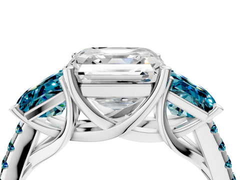 White gold Three-Stone Asscher Cut Diamond Ring with Round with Blue Topaz side stone Pavé Band and Prong Setting_4