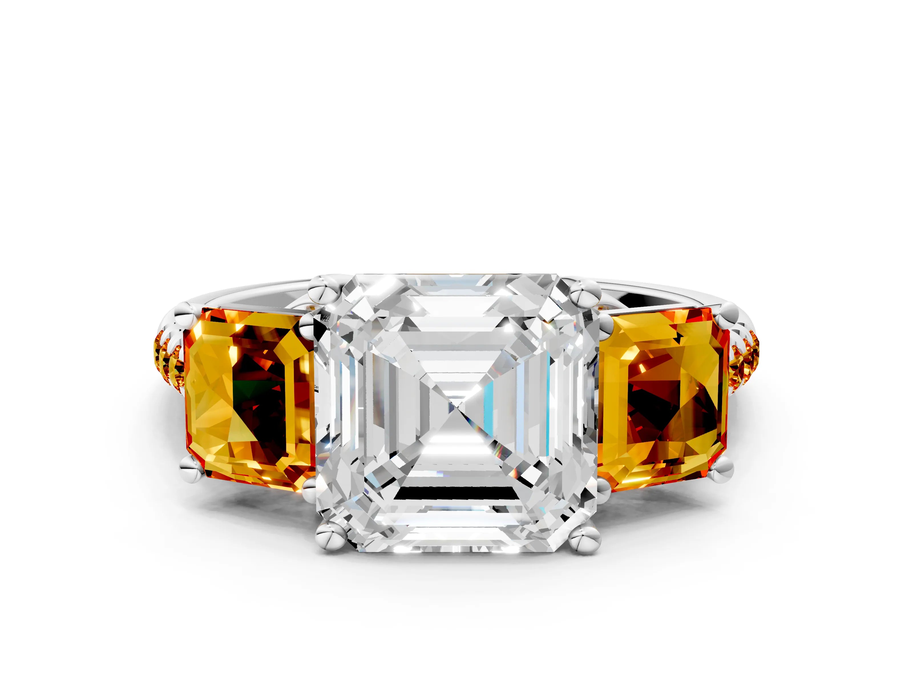 White gold Three-Stone Asscher Cut Diamond Ring with Round with Citrine side stone Pavé Band and Prong Setting