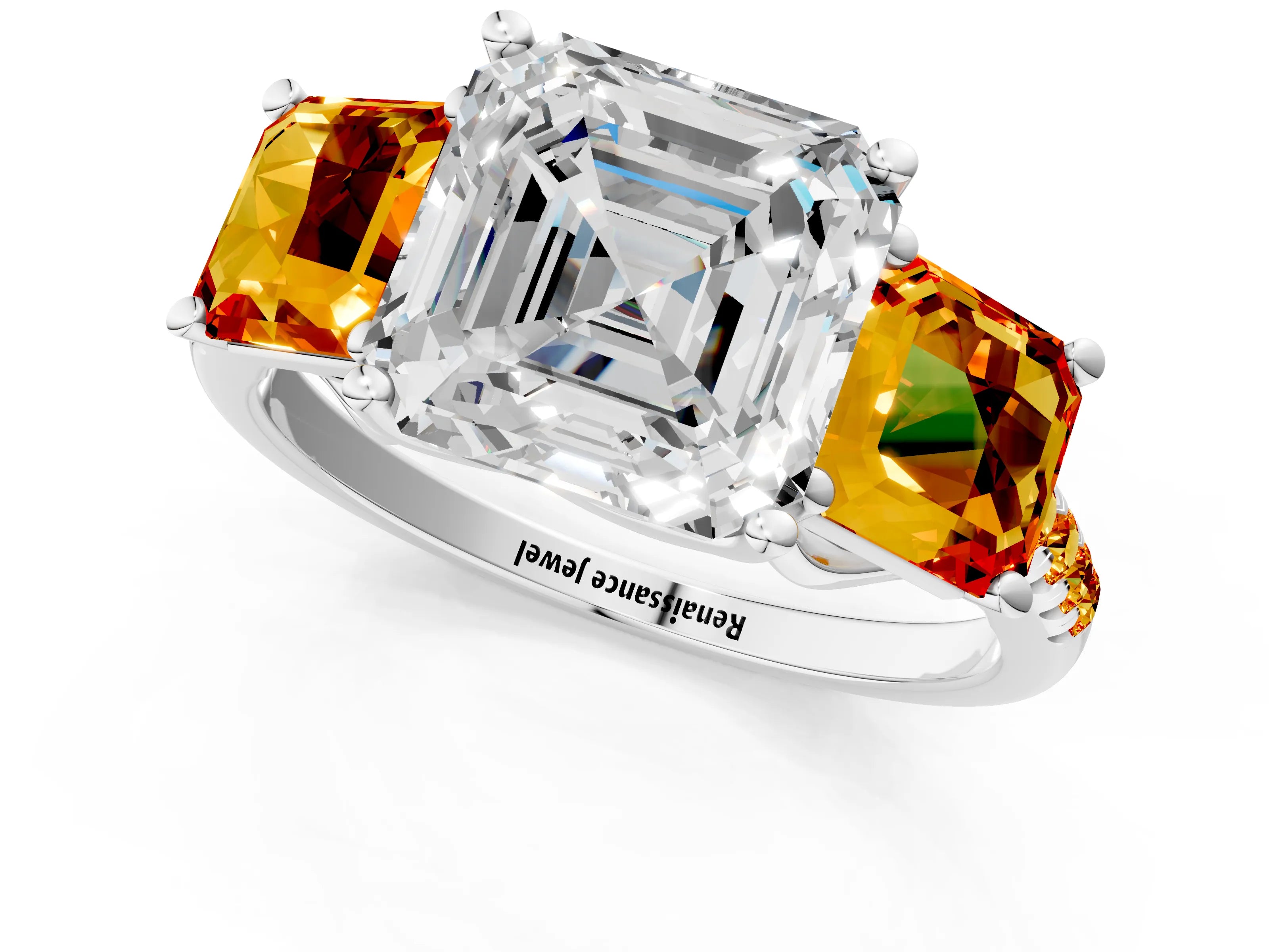 White gold Three-Stone Asscher Cut Diamond Ring with Round with Citrine side stone Pavé Band and Prong Setting_1