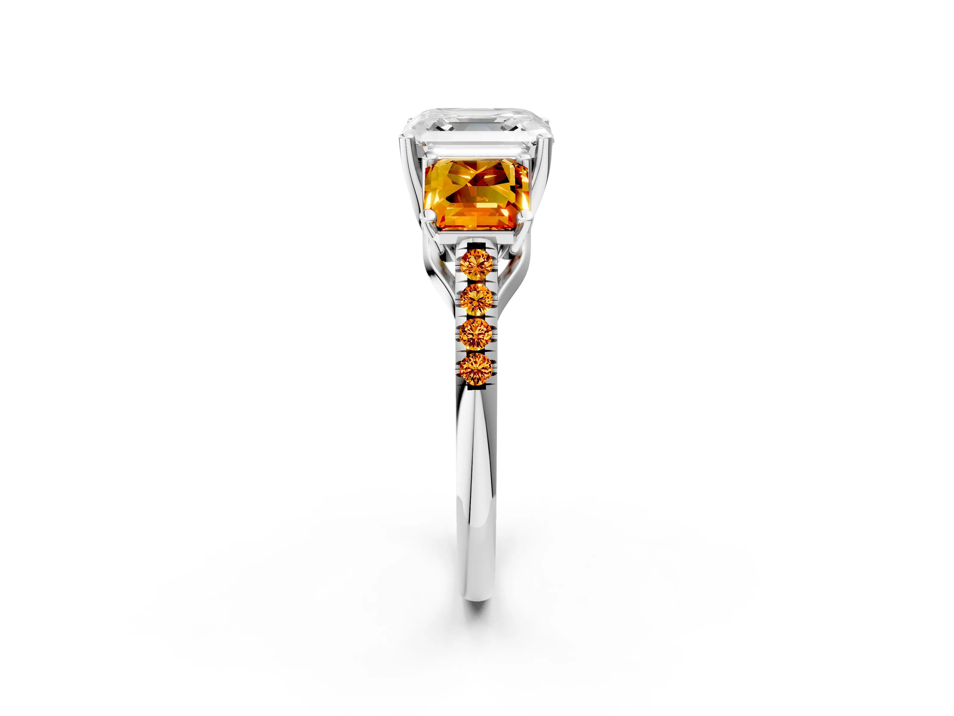 White gold Three-Stone Asscher Cut Diamond Ring with Round with Citrine side stone Pavé Band and Prong Setting_2