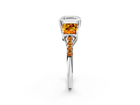 White gold Three-Stone Asscher Cut Diamond Ring with Round with Citrine side stone Pavé Band and Prong Setting_2