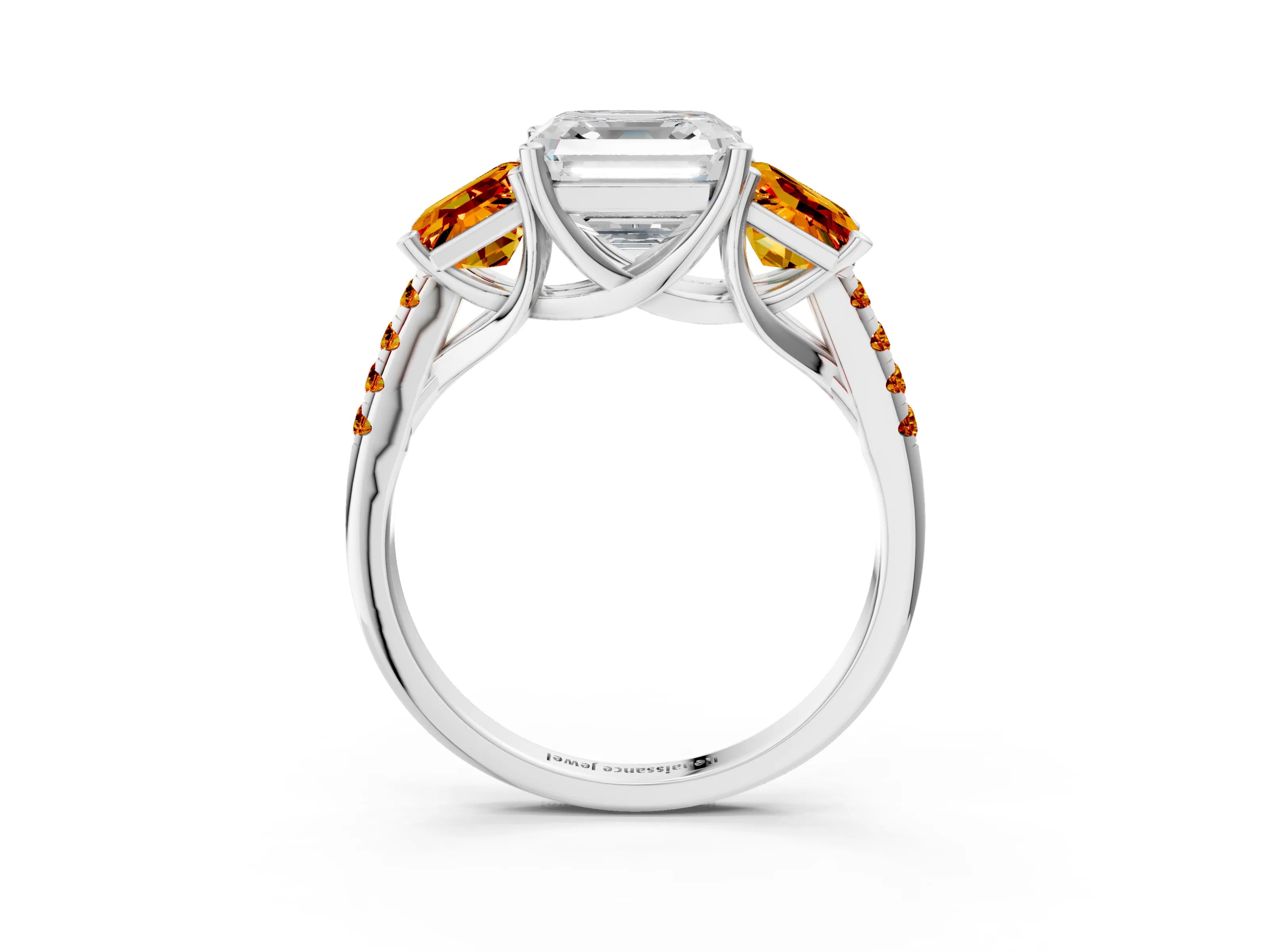 White gold Three-Stone Asscher Cut Diamond Ring with Round with Citrine side stone Pavé Band and Prong Setting_3