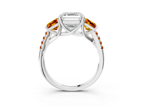 White gold Three-Stone Asscher Cut Diamond Ring with Round with Citrine side stone Pavé Band and Prong Setting_3