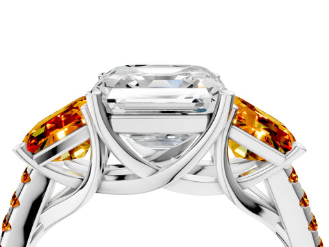 White gold Three-Stone Asscher Cut Diamond Ring with Round with Citrine side stone Pavé Band and Prong Setting_4