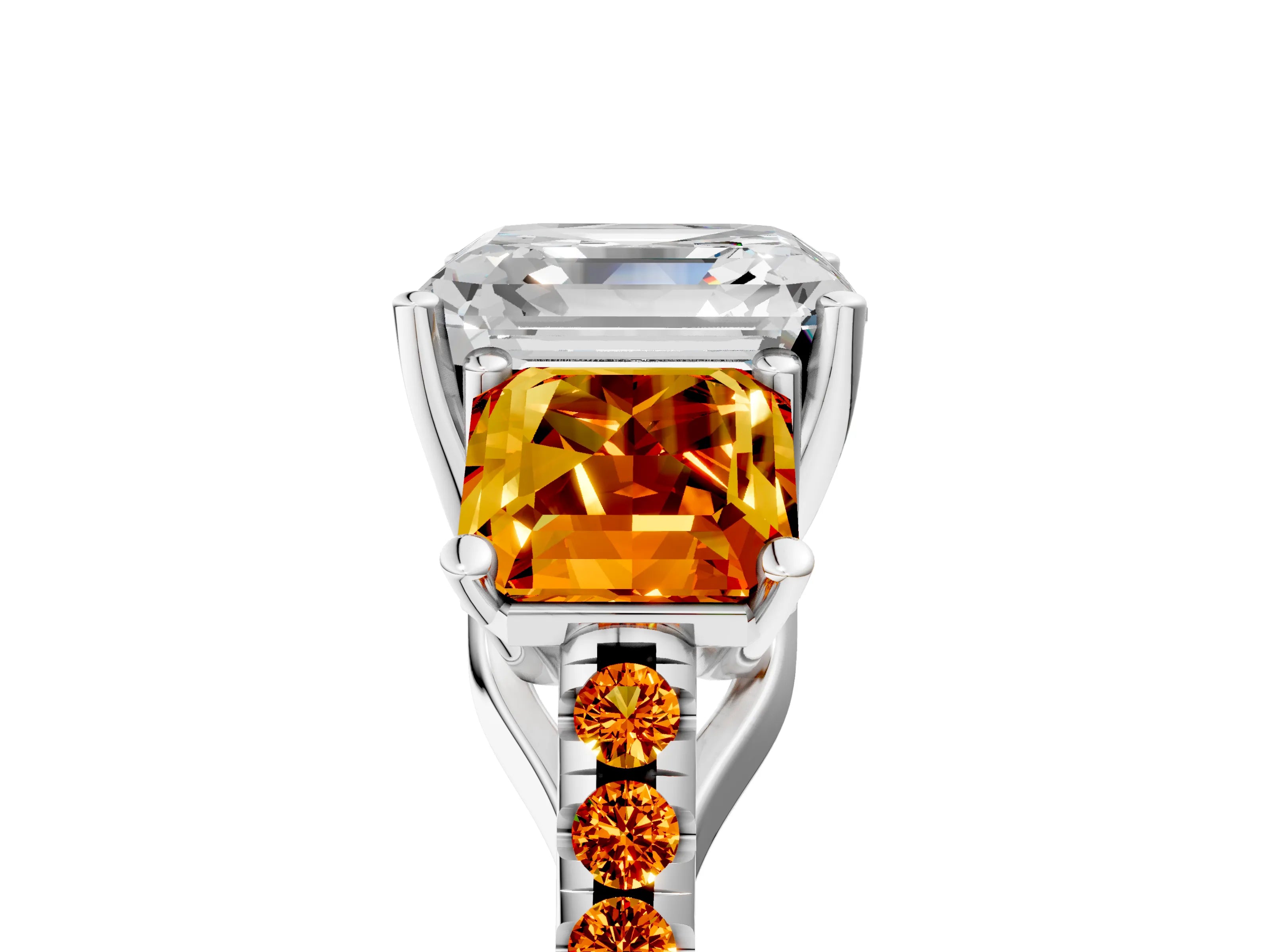 White gold Three-Stone Asscher Cut Diamond Ring with Round with Citrine side stone Pavé Band and Prong Setting_5