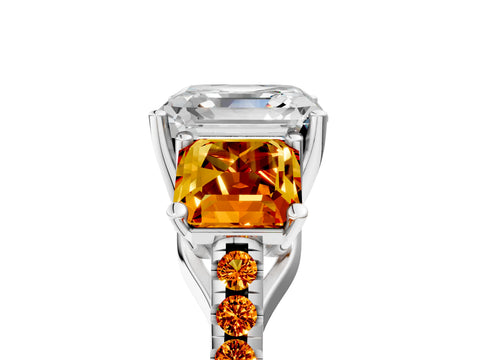 White gold Three-Stone Asscher Cut Diamond Ring with Round with Citrine side stone Pavé Band and Prong Setting_5