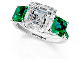 White gold Three-Stone Asscher Cut Diamond Ring with Round with Emerald side stone Pavé Band and Prong Setting_1