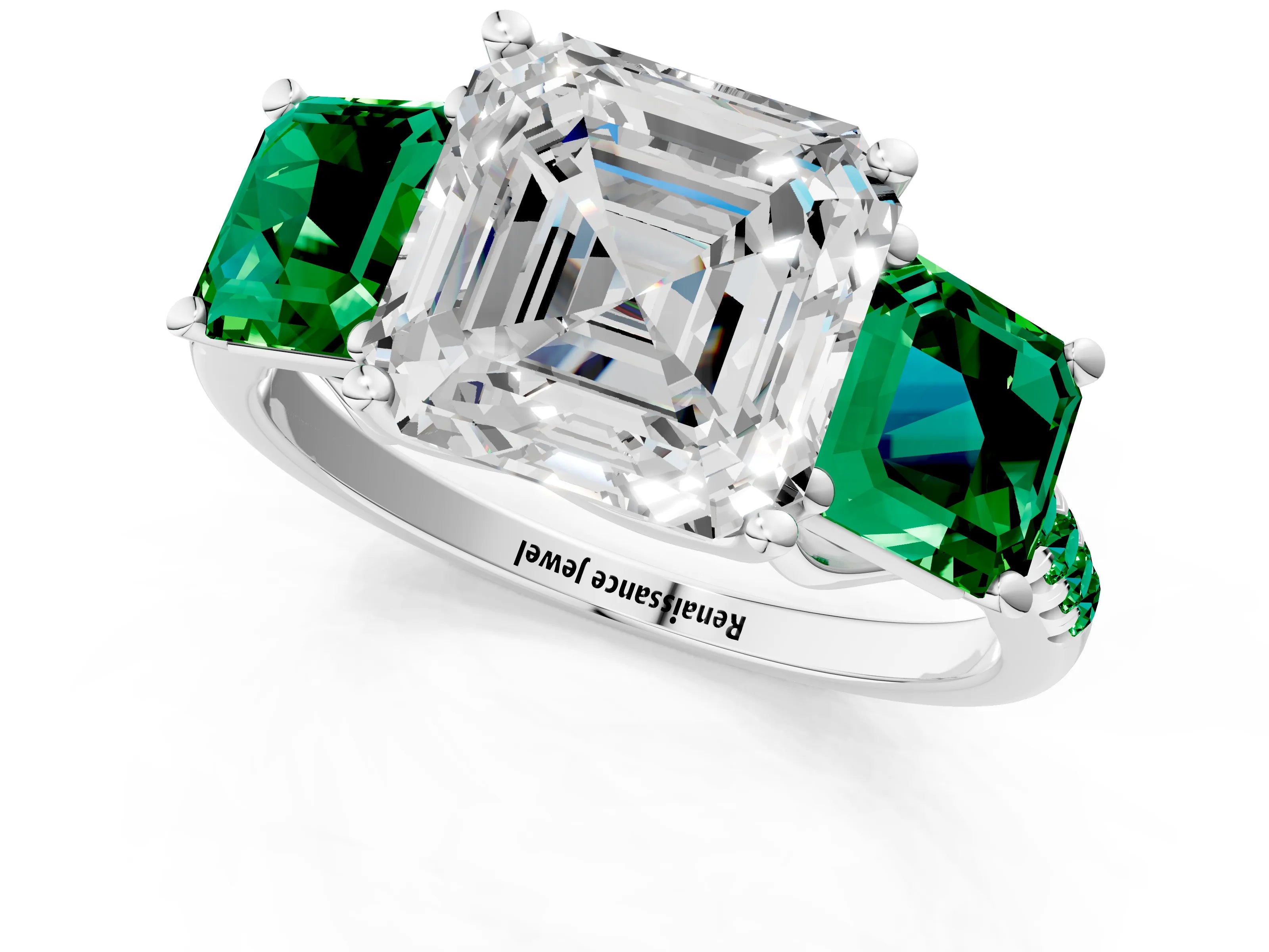 White gold Three-Stone Asscher Cut Diamond Ring with Round with Emerald side stone Pavé Band and Prong Setting_1