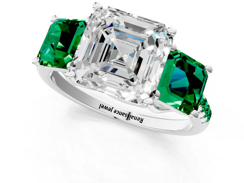 White gold Three-Stone Asscher Cut Diamond Ring with Round with Emerald side stone Pavé Band and Prong Setting_1