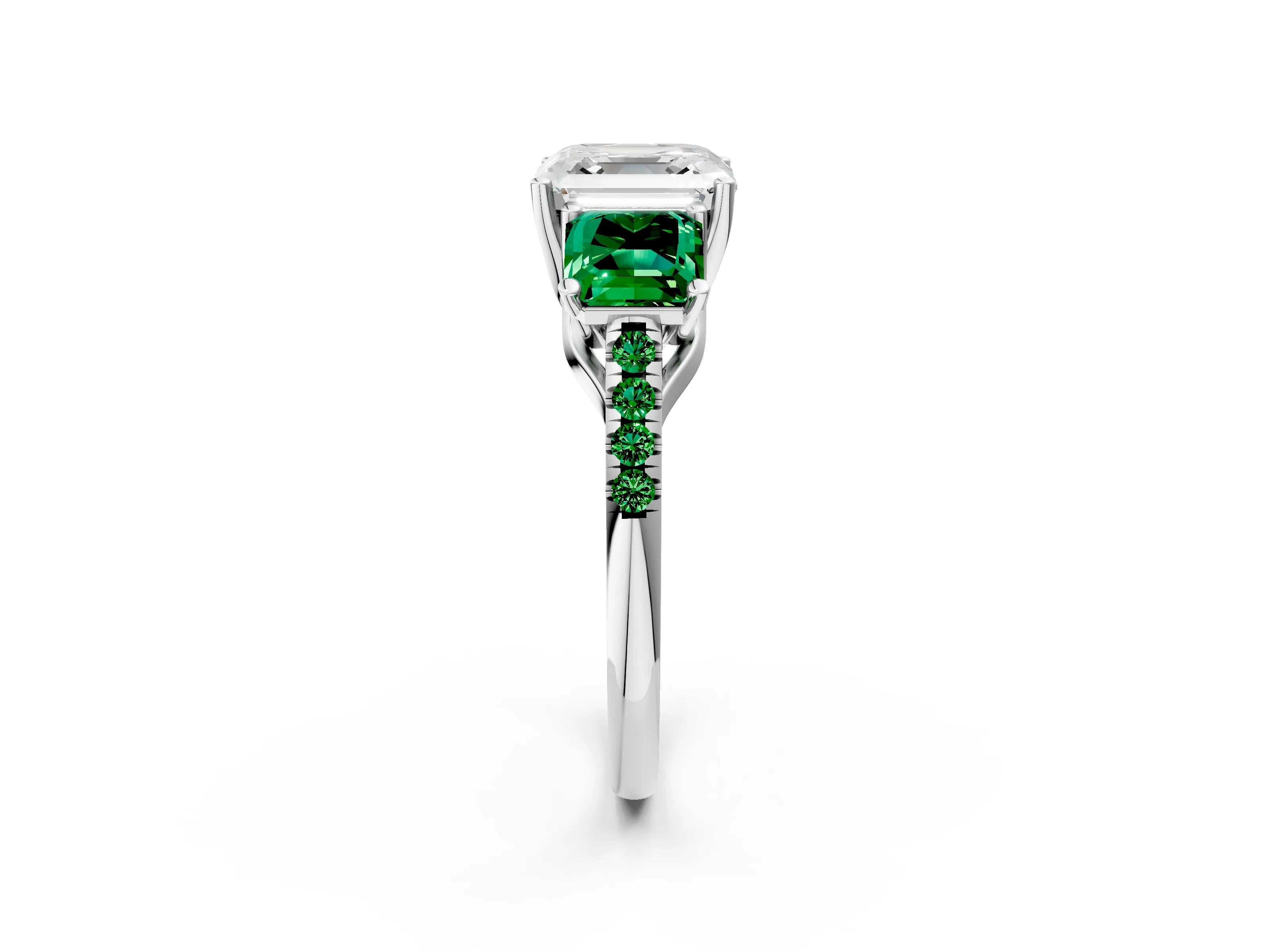 White gold Three-Stone Asscher Cut Diamond Ring with Round with Emerald side stone Pavé Band and Prong Setting_2