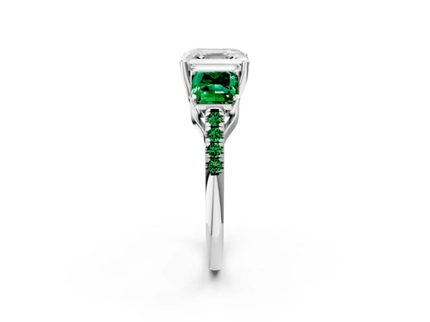 White gold Three-Stone Asscher Cut Diamond Ring with Round with Emerald side stone Pavé Band and Prong Setting_2