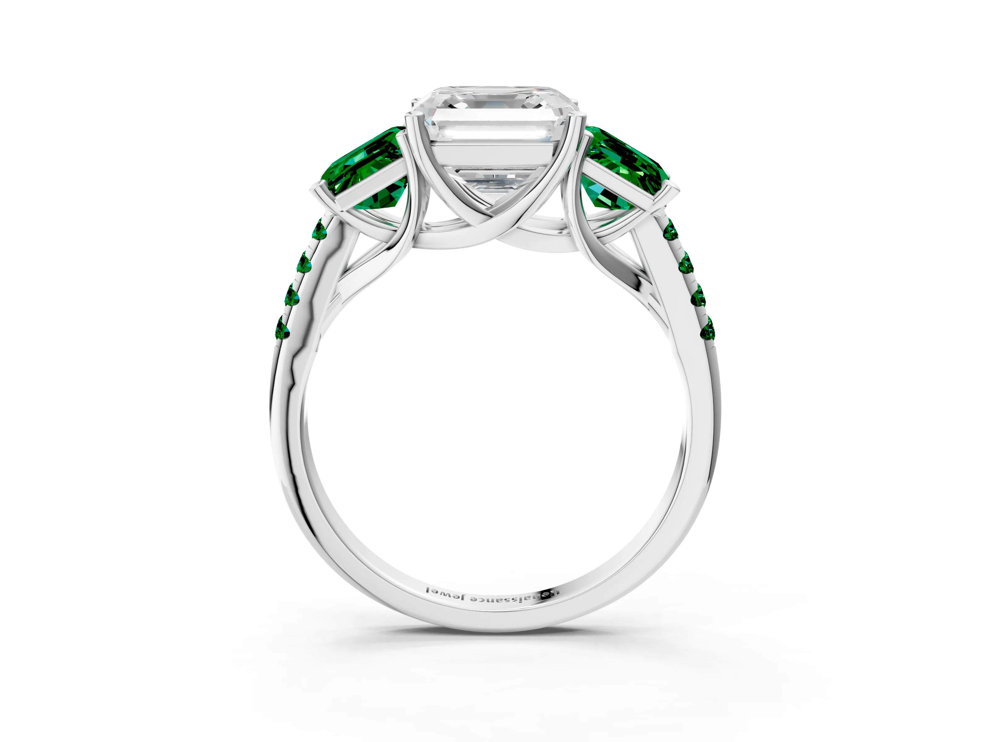 White gold Three-Stone Asscher Cut Diamond Ring with Round with Emerald side stone Pavé Band and Prong Setting_3