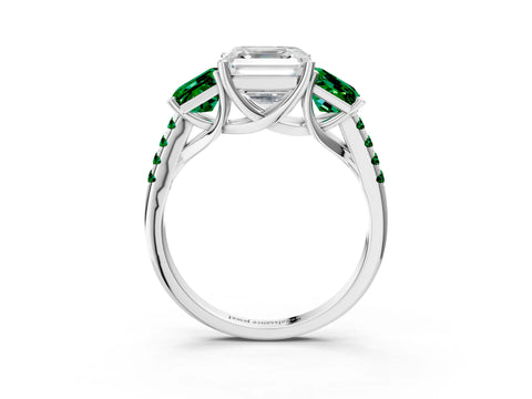 White gold Three-Stone Asscher Cut Diamond Ring with Round with Emerald side stone Pavé Band and Prong Setting_3