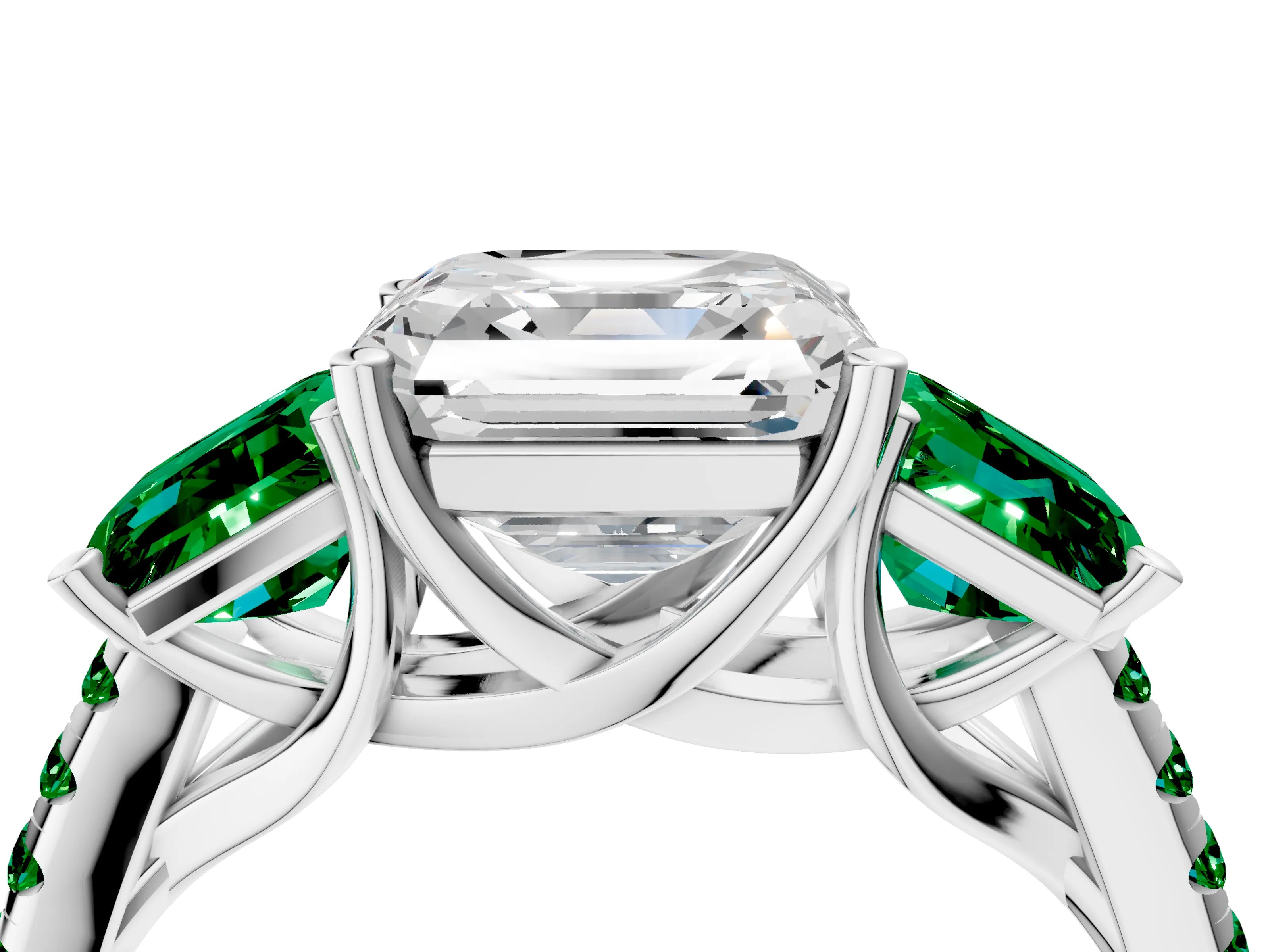 White gold Three-Stone Asscher Cut Diamond Ring with Round with Emerald side stone Pavé Band and Prong Setting_4