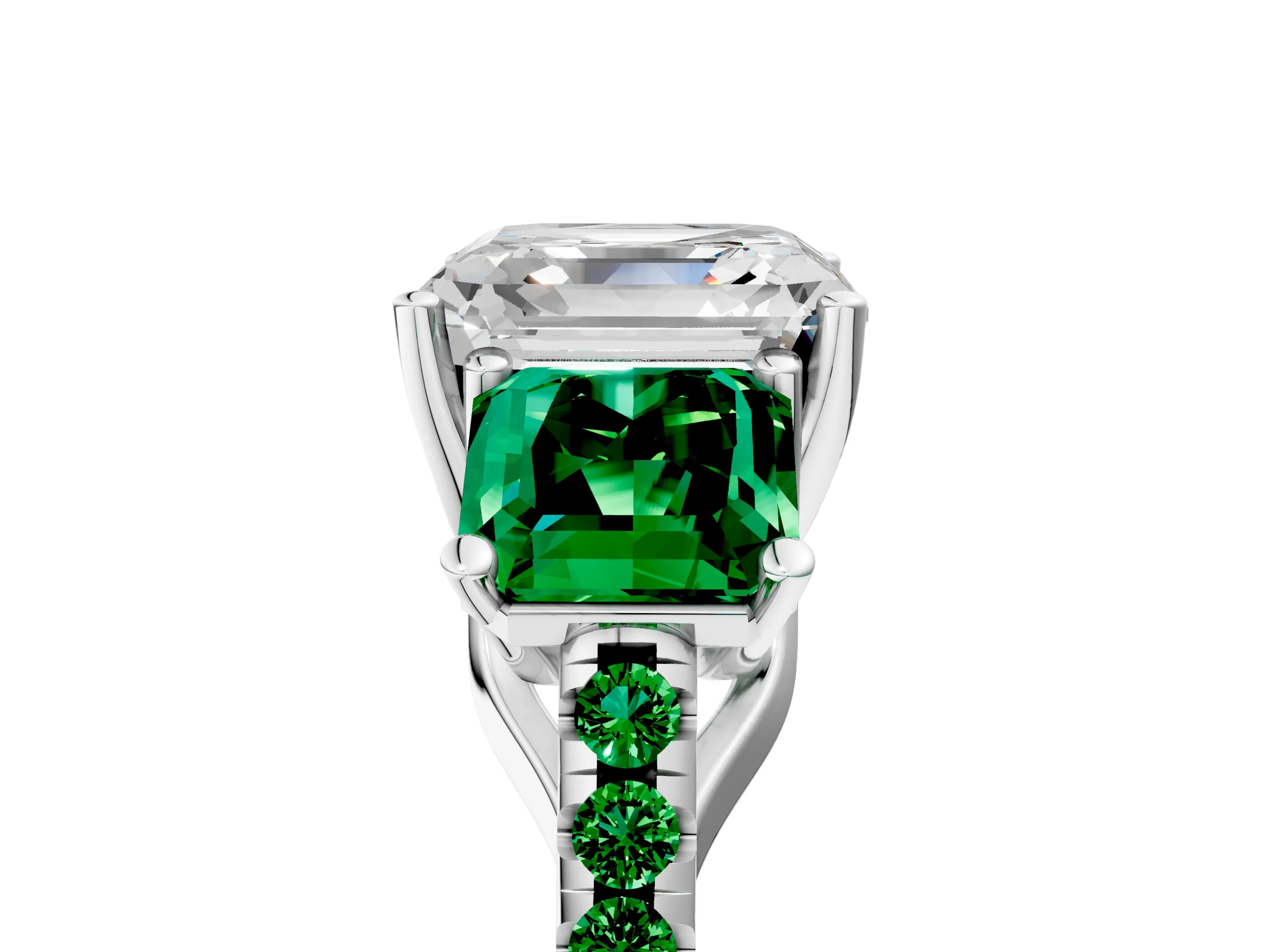 White gold Three-Stone Asscher Cut Diamond Ring with Round with Emerald side stone Pavé Band and Prong Setting_5