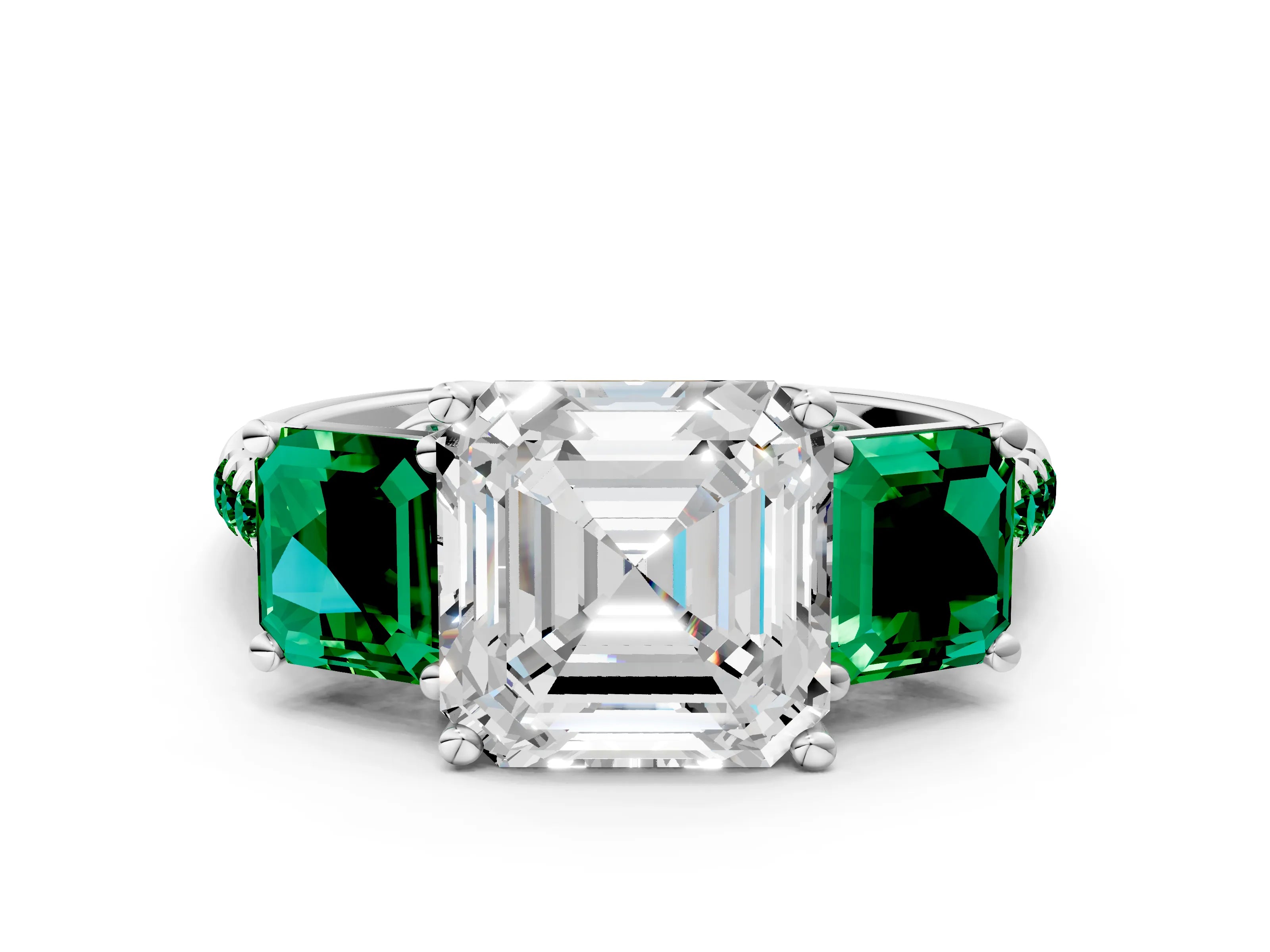White gold Three-Stone Asscher Cut Diamond Ring with Round with Emerald side stone Pavé Band and Prong Setting